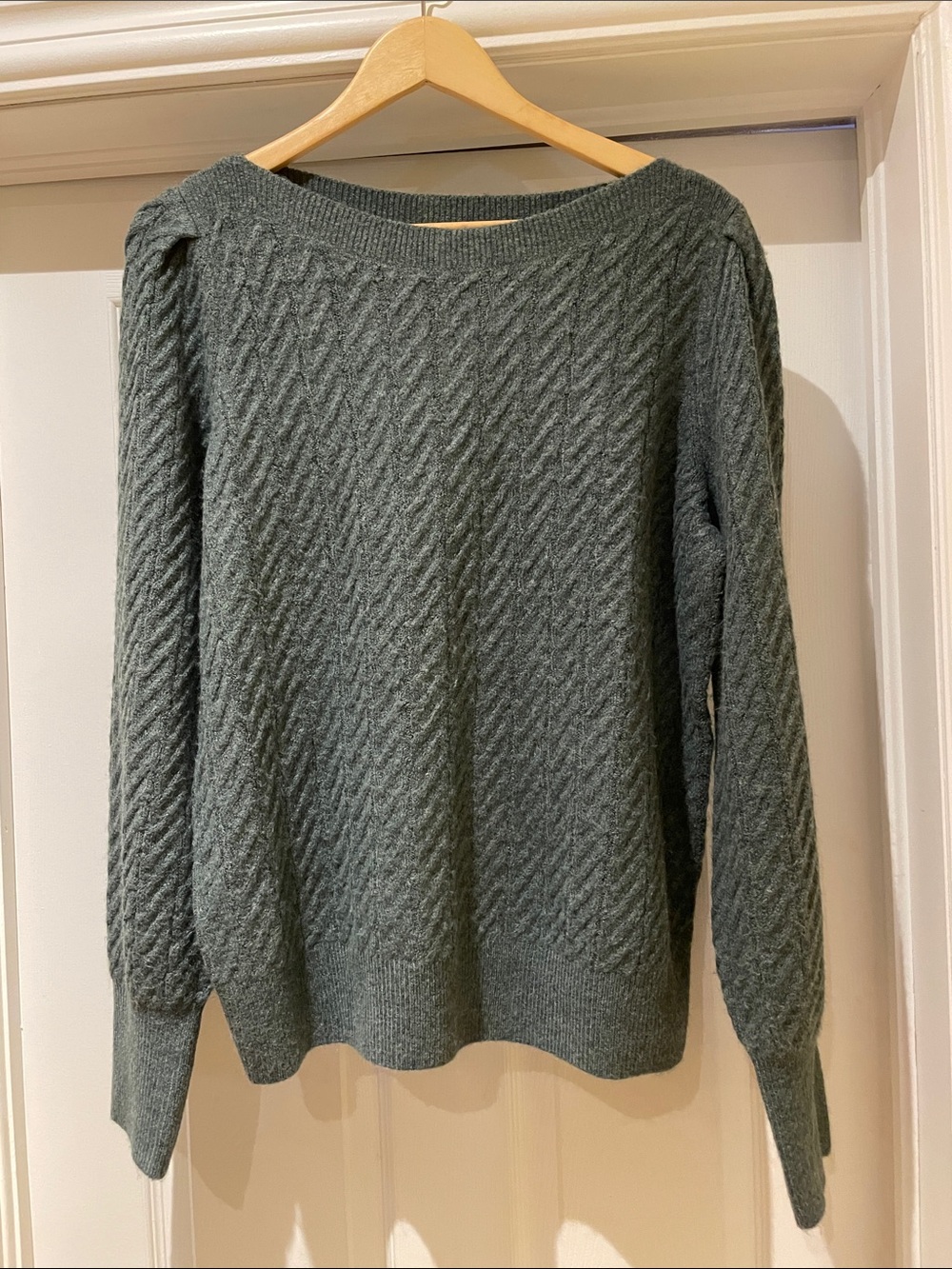 RW&CO. Moss Green Cable Knit Puff Shoulder Sweater XL Soft Romantic